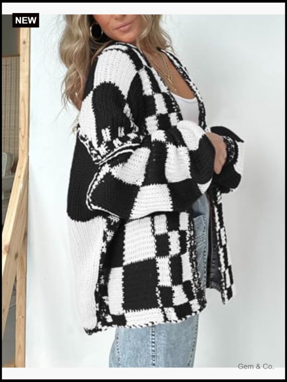 Chunky Knit Open Front Cardigan Sweater Long Sleeve Checkered Coat - Picture 5 of 7